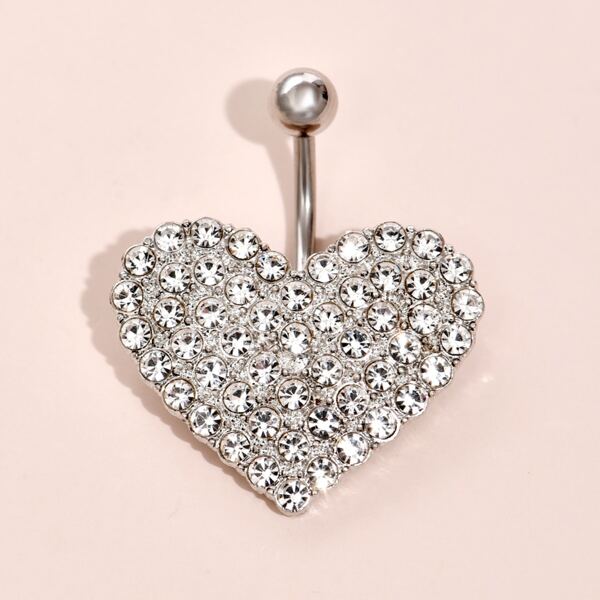 

1pc Rhinestone Heart Decor Belly Bar, Silver