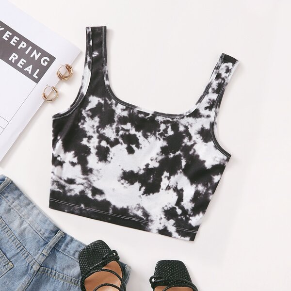 

Tie Dye Crop Tank Top, Black and white
