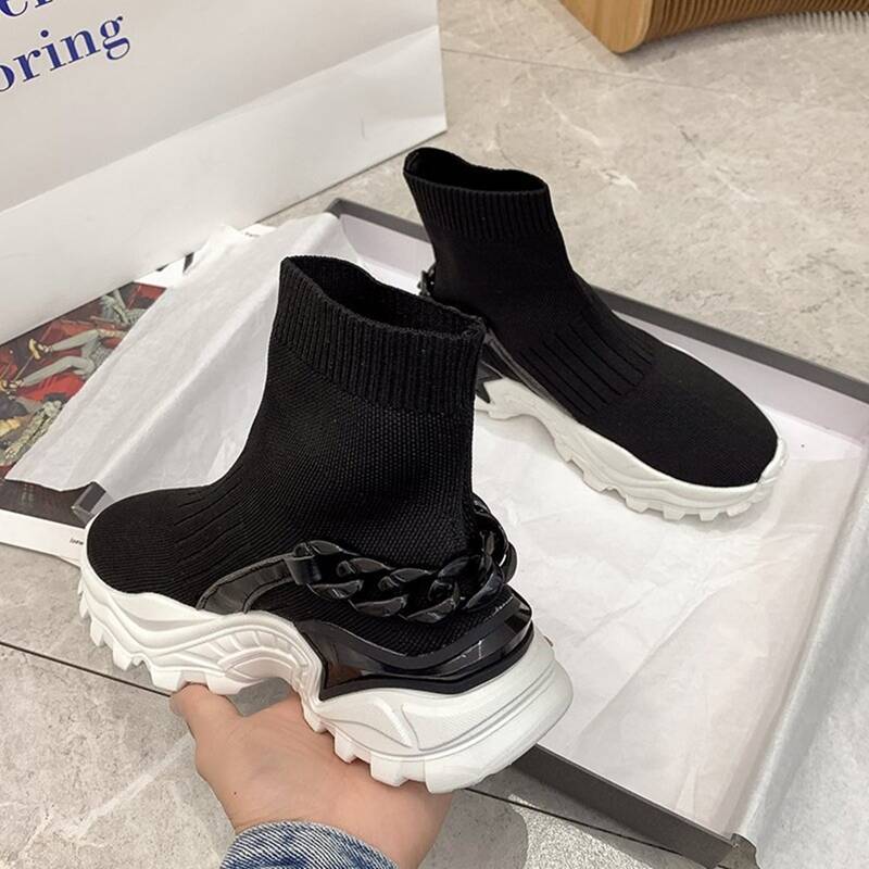 

Chain Decor High Top Sock Sneakers, Black