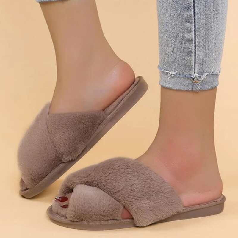 

Criss Cross Fluffy Slippers, Khaki