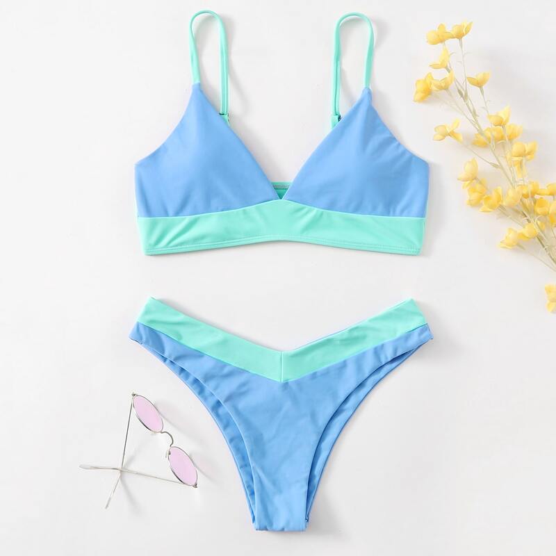 

Colorblock High Leg Bikini Swimsuit, Multicolor
