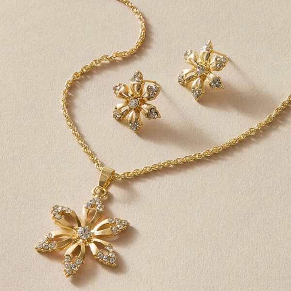 

Rhinestone Flower Charm Necklace & Earrings, Gold