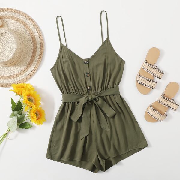 

Single Breasted Solid Cami Romper, Army green