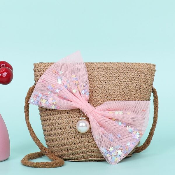 

Girls Bow Decor Straw Bag, Camel