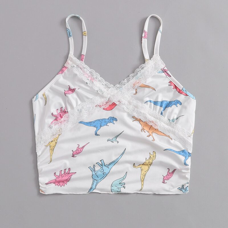 

Lace Insert Dinosaur Graphic Crop Cami, Multicolor