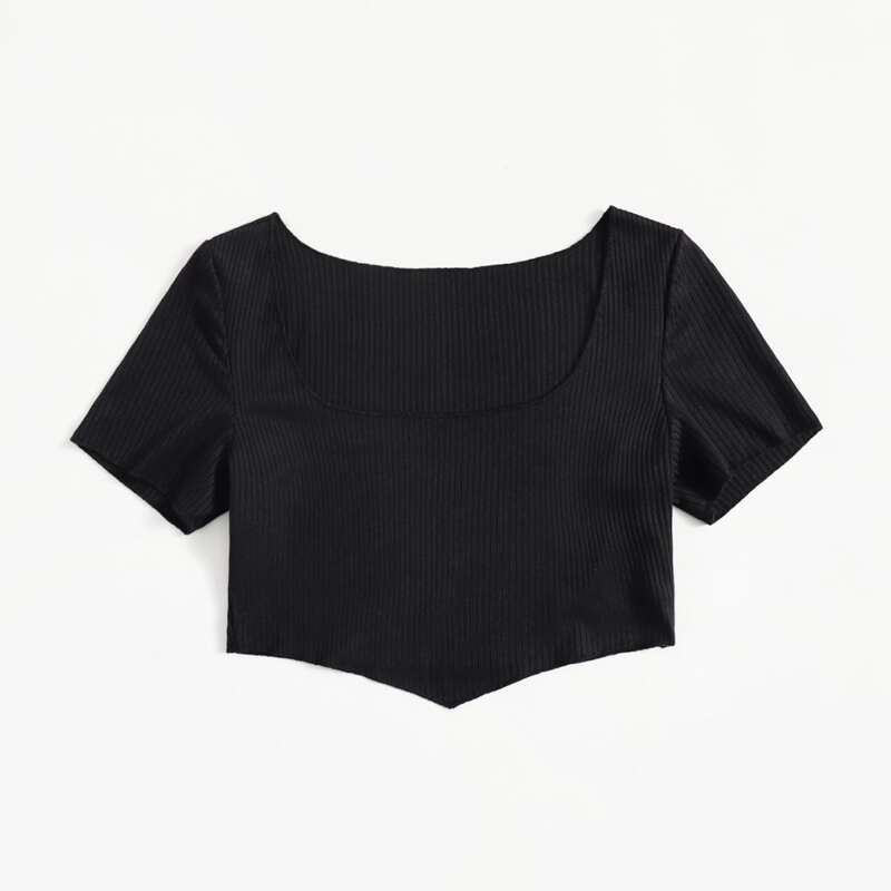 Solid Ribbed Crop Tee, Black