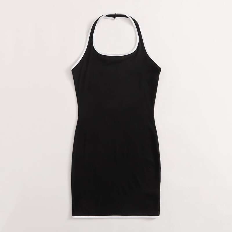 

Contrast Binding Halter Dress, Black