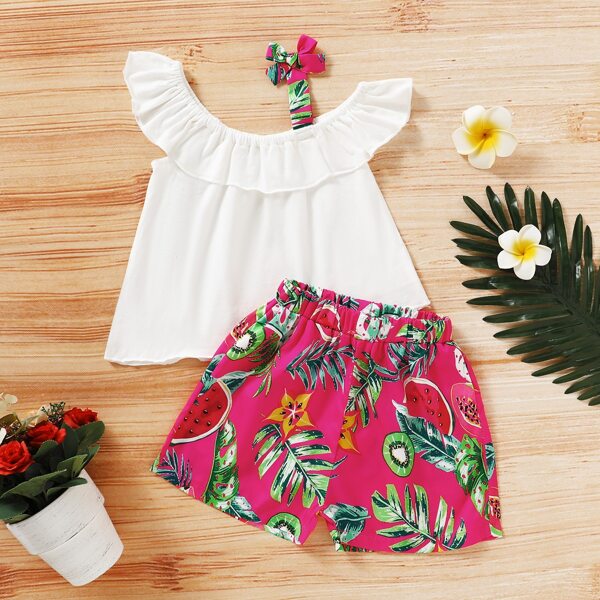 

Toddler Girls Asymmetrical Neck Ruffle Trim Top & Tropical Print Shorts, Multicolor