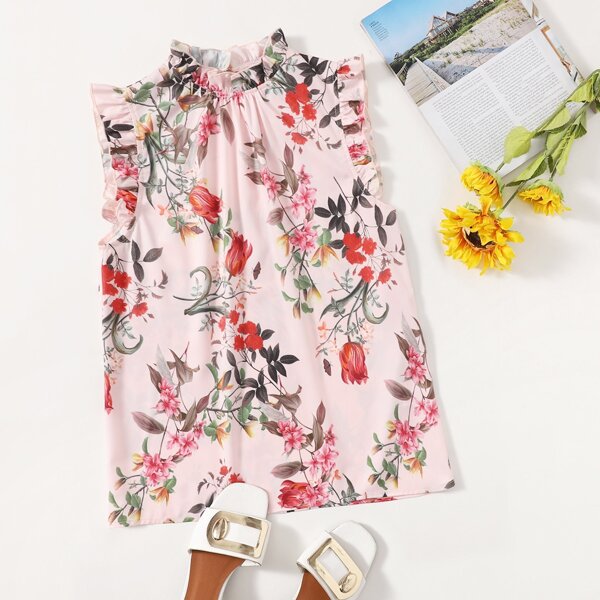 

Ruffle Trim Floral Print Top, Multicolor