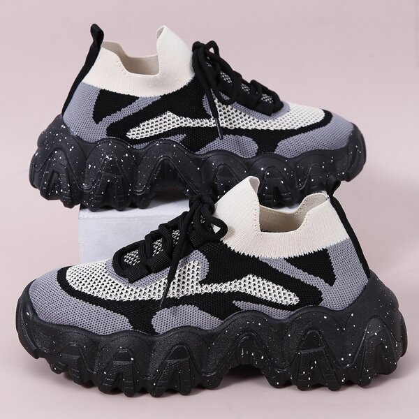 

Lace Up Decor Color Block Chunky Sneakers, Black and white
