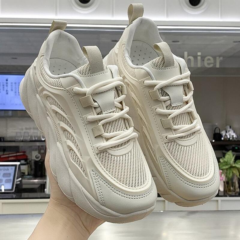 

Solid Lace-up Mesh Chunky Sneakers, Beige
