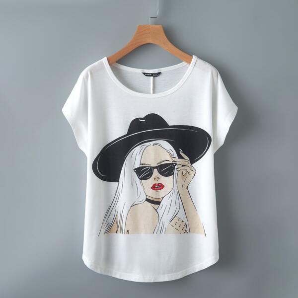 

Figure Print Batwing Sleeve Tee, White