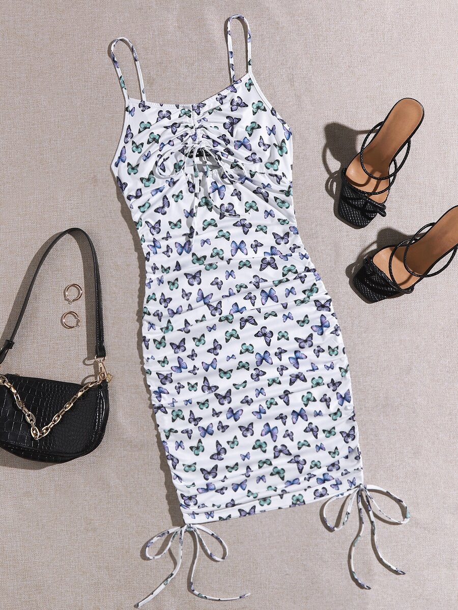 SHEIN Drawstring Knot Cut Out Front Butterfly Print Slip Dress - White - View 1