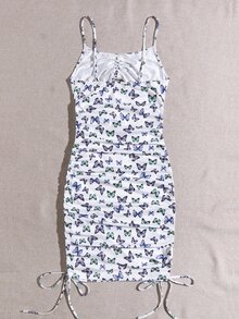 SHEIN Drawstring Knot Cut Out Front Butterfly Print Slip Dress - White - View 2