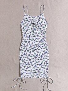 SHEIN Drawstring Knot Cut Out Front Butterfly Print Slip Dress - White - View 3