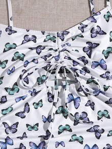 SHEIN Drawstring Knot Cut Out Front Butterfly Print Slip Dress - White - View 4