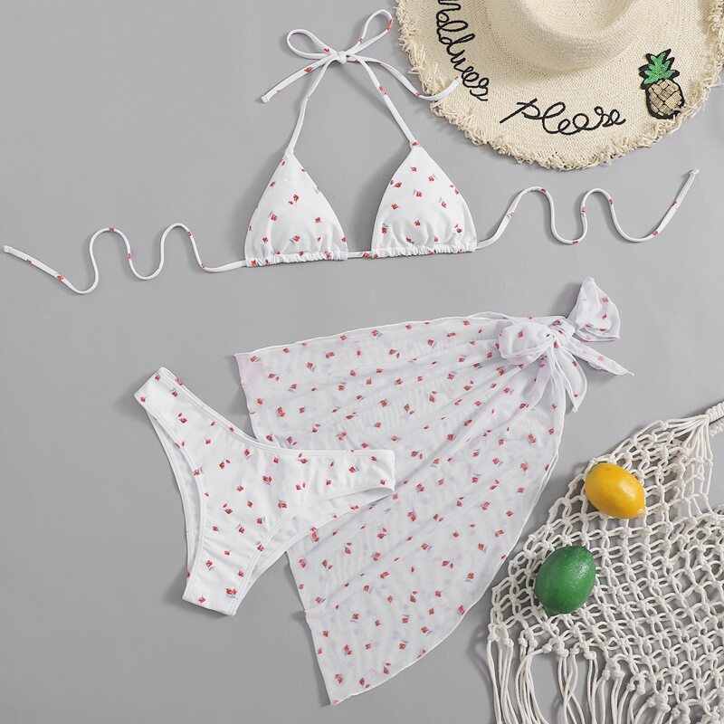 

3pack Floral Triangle Bikini Swimsuit & Beach Skirt, White