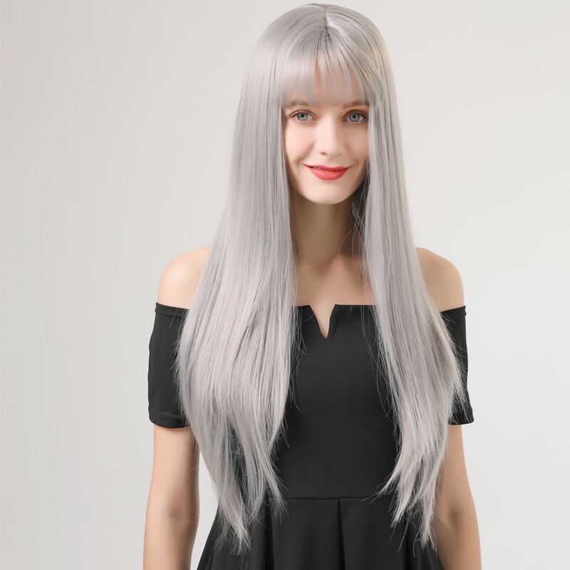

Natural Long Wig With Bangs, Light grey