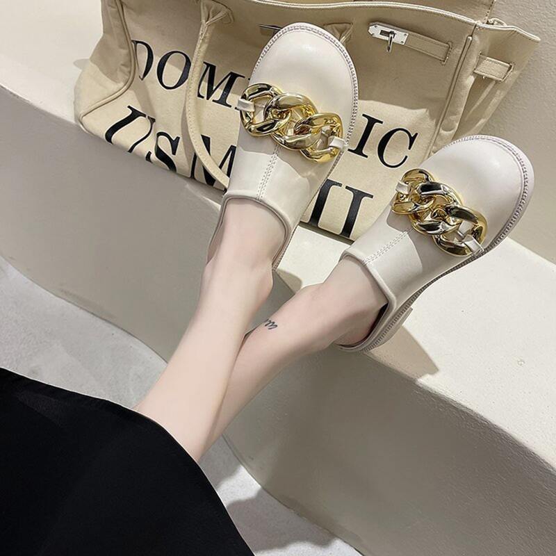 

Chunky Chain Flat Mules, Beige
