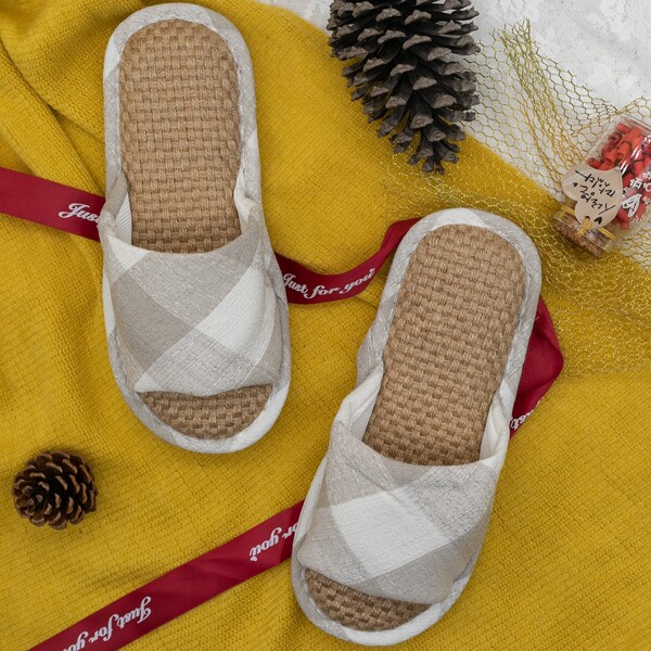 

Geometric Print Open Toe Slippers, Beige