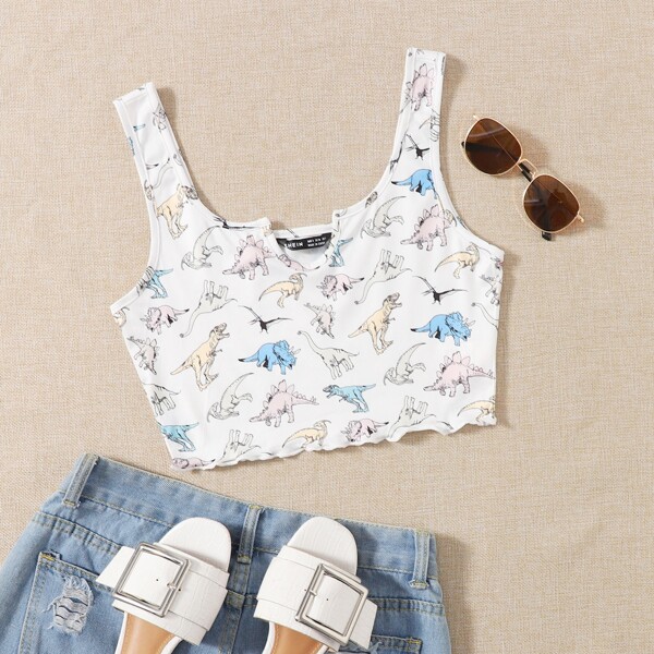 

Notch Neck Lettuce Trim Dinosaur Crop Tank Top, White