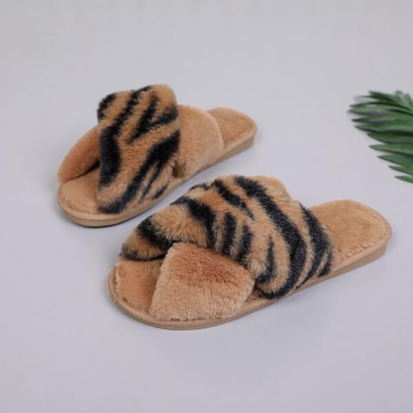 

Tiger Print Fluffy Slippers, Brown