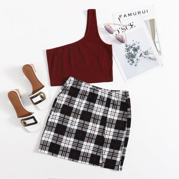 

One Shoulder Crop Top & Slit Hem Plaid Skirt Set, Multicolor