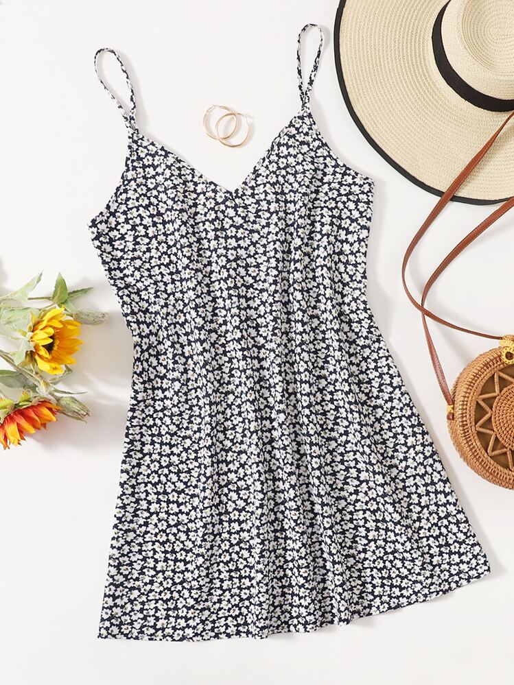 SHEIN Open Back Ditsy Floral Cami Dress - Multicolor - View 1
