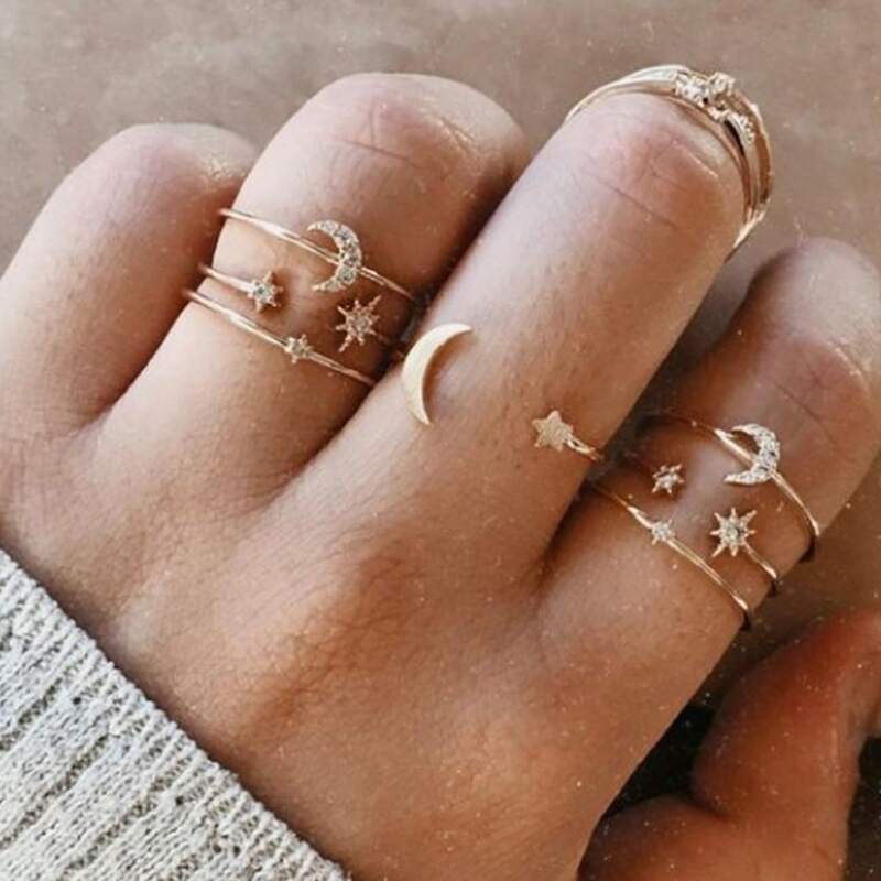 

7pcs Rhinestone Star & Moon Ring, Gold