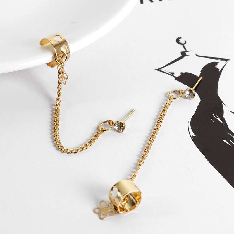 1pair Flower Design Chain Earrings, Gold