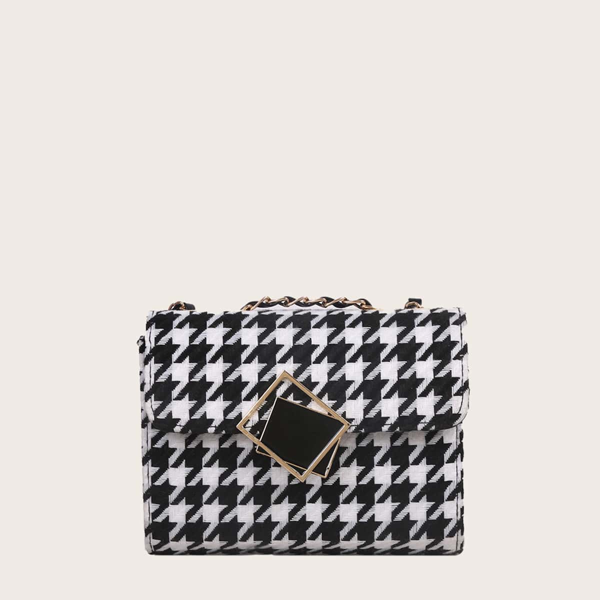 

Houndstooth Chain Crossbody Bag, Black and white
