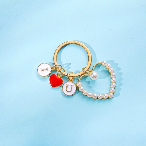 

Faux Pearl Heart Pendant Keychain, Gold