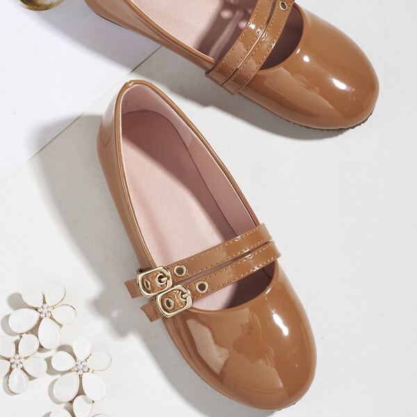 

Toddler Girls Patent Double Buckle Flats, Brown