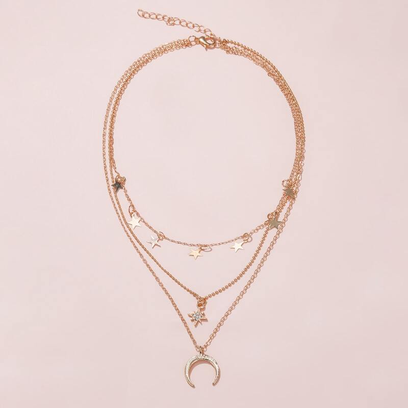 

Star & Moon Design Layered Necklace, Gold