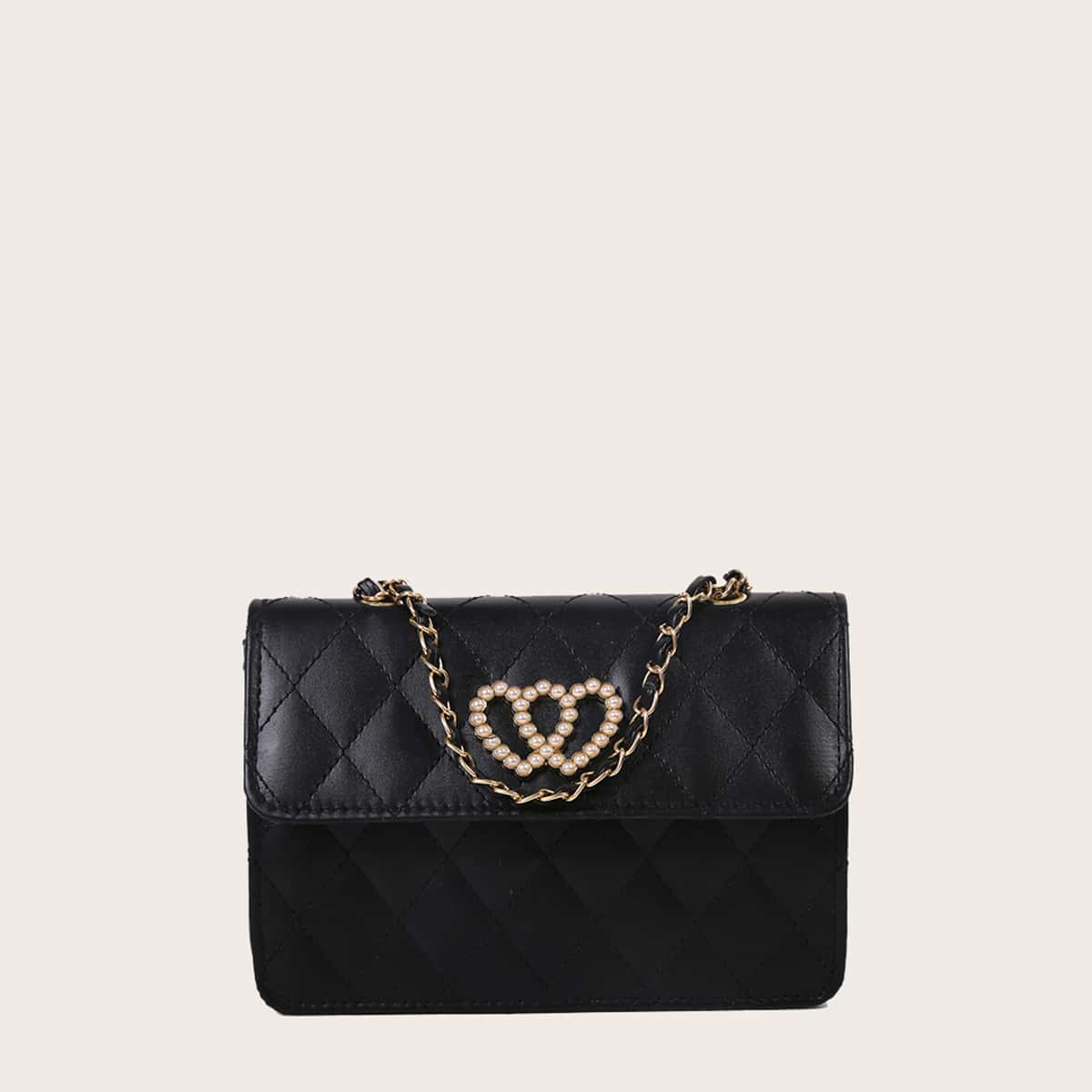 

Faux Pearl Heart Quilted Crossbody Bag, Black