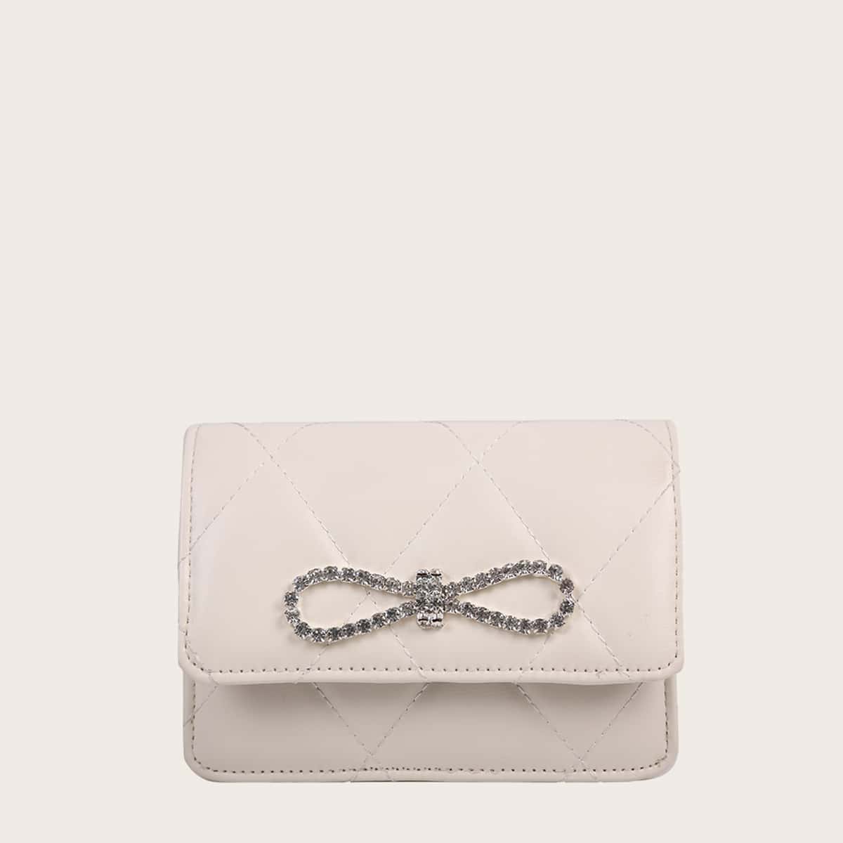 Rhinestone Bow Quilted Crossbody Bag, White