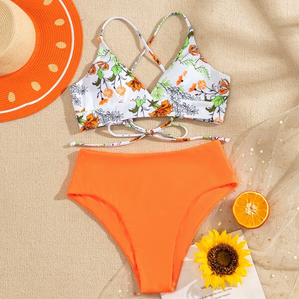 

Floral & Leaf Print Rib Bikini Swimsuit, Multicolor