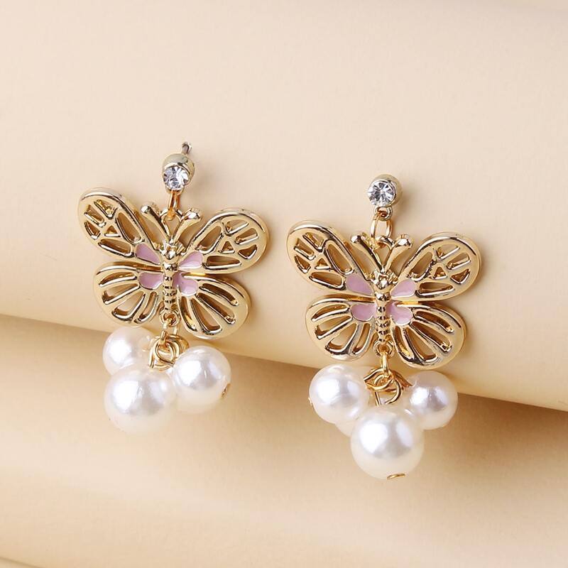 

1pair Faux Pearl & Butterfly Drop Earrings, Gold