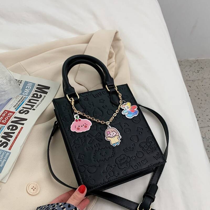 

Cartoon Embossed Satchel Bag, Black