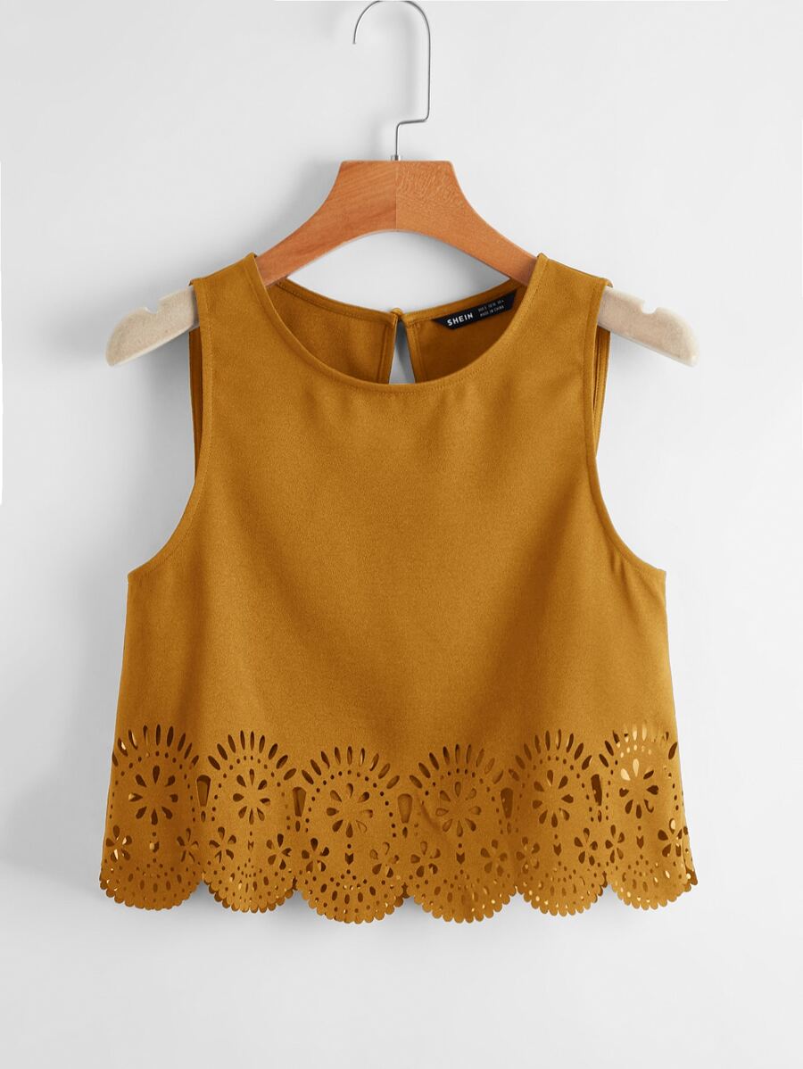 SHEIN LUNE Scallop Trim Laser Cut Tank Top - Mustard Yellow - View 1