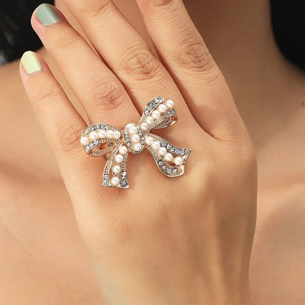 

Faux Pearl Decor Bow Ring, Gold