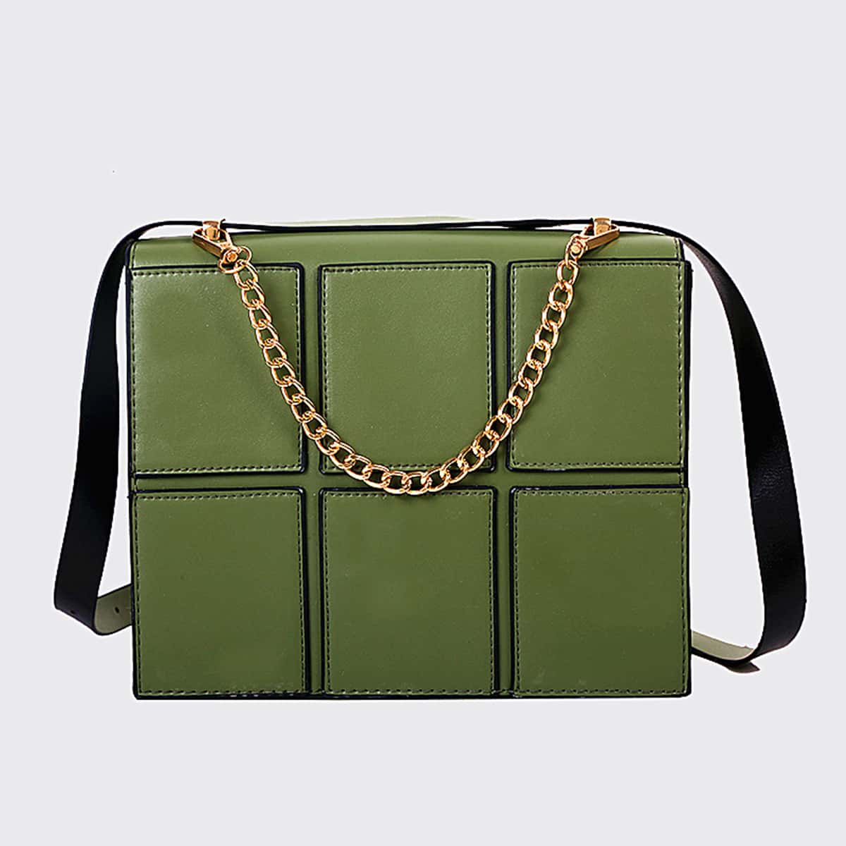 

Solid Patched Satchel Bag, Green