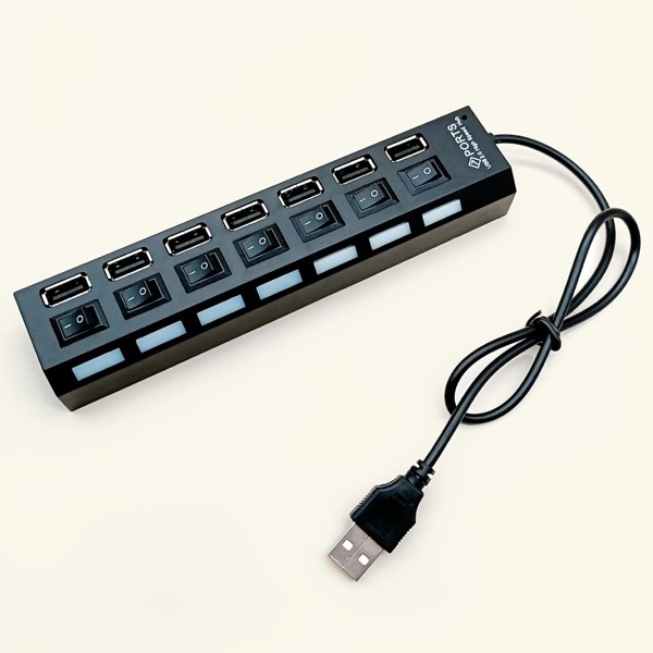 

1pc Seven-USB Splitter With Light & Switch, Black