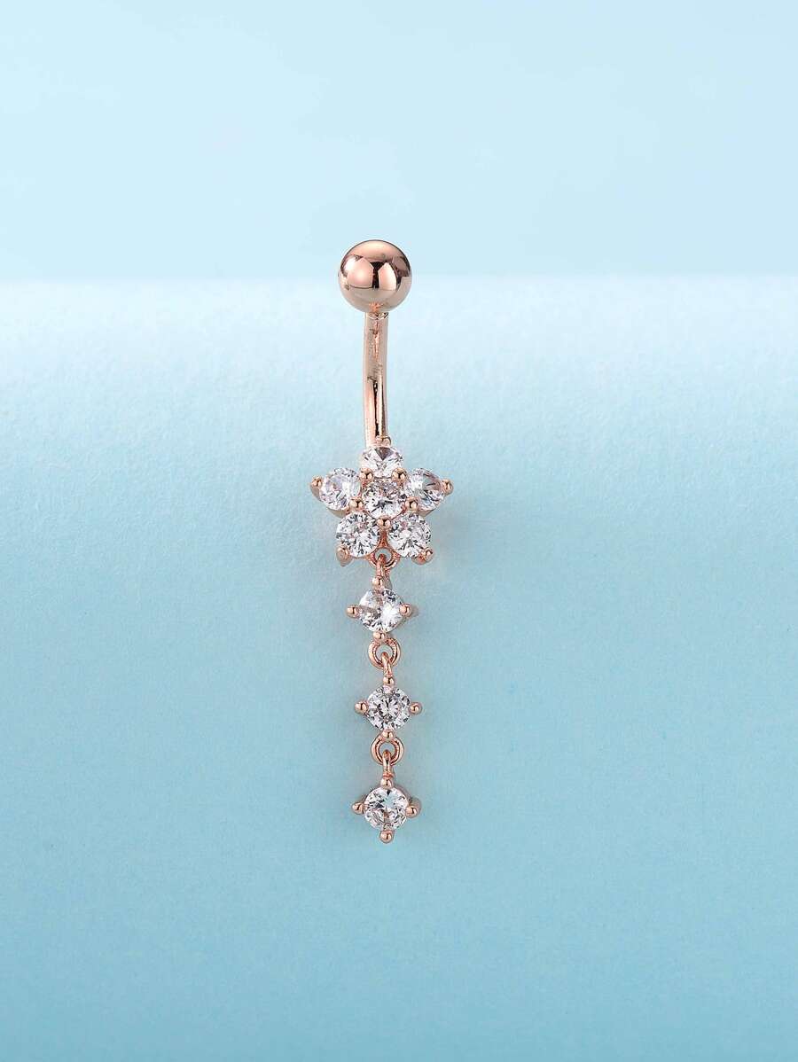 Barra de ombligo de decoración de circonita cúbica de cobre para mujeres y hombres, piercing punk, un regalo de joyería corporal de moda para cualquier ocasión. - Oro rosa - Ver 1