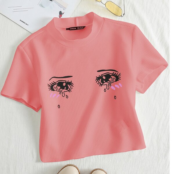 

Eye Print Textured Tee, Coral pink
