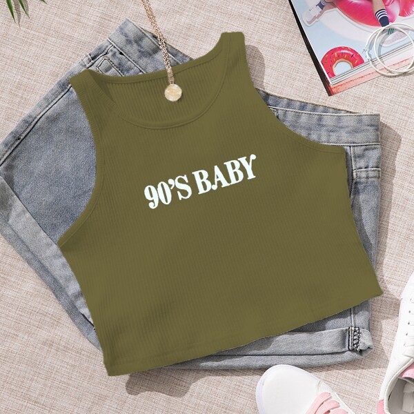 

Letter Graphic Rib-knit Tank Top, Army green