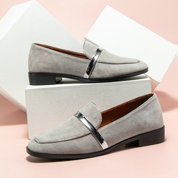 

Metallic Strap Decor Suede Loafers, Grey