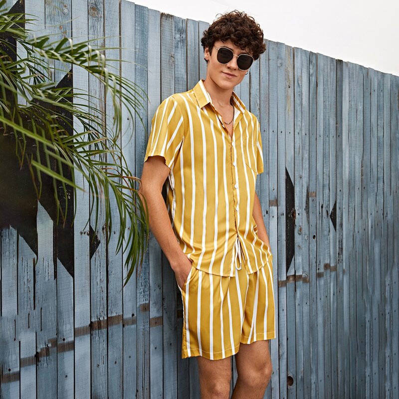 

Guys Striped Print Button Front Shirt With Drawstring Waist Shorts, Yellow