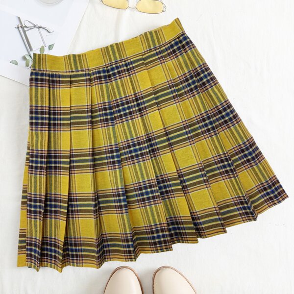 

Zip Side Tartan Pleated Skirt, Yellow