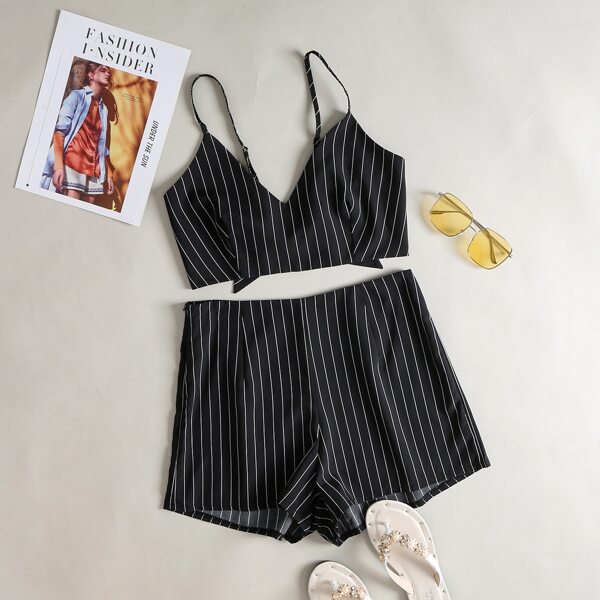 

Tie Back Striped Cami Top & Shorts Set, Black